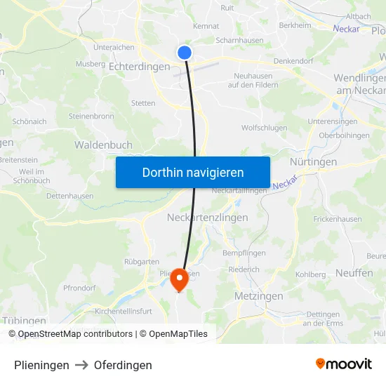Plieningen to Oferdingen map