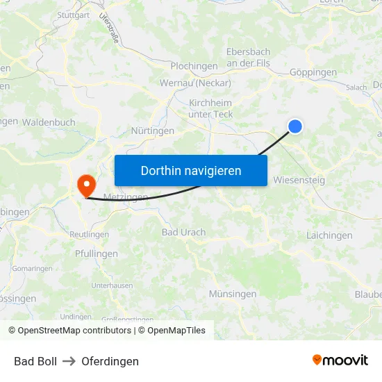 Bad Boll to Oferdingen map