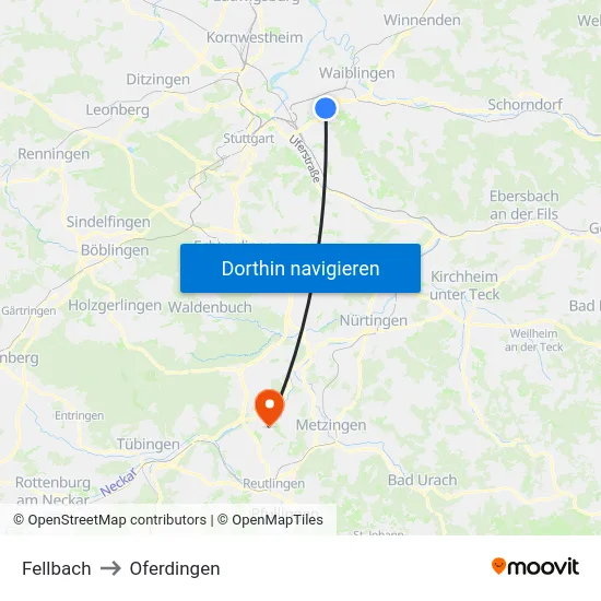 Fellbach to Oferdingen map