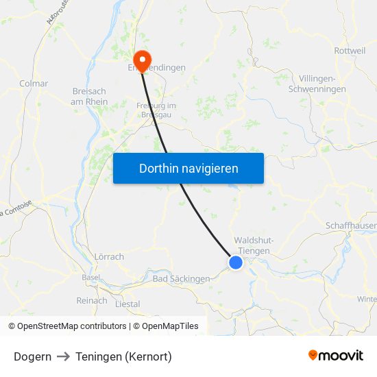 Dogern to Teningen (Kernort) map