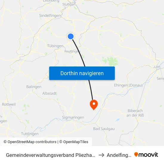 Gemeindeverwaltungsverband Pliezhausen to Andelfingen map