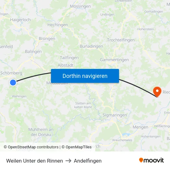 Weilen Unter den Rinnen to Andelfingen map