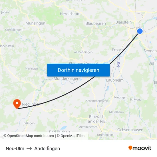 Neu-Ulm to Andelfingen map