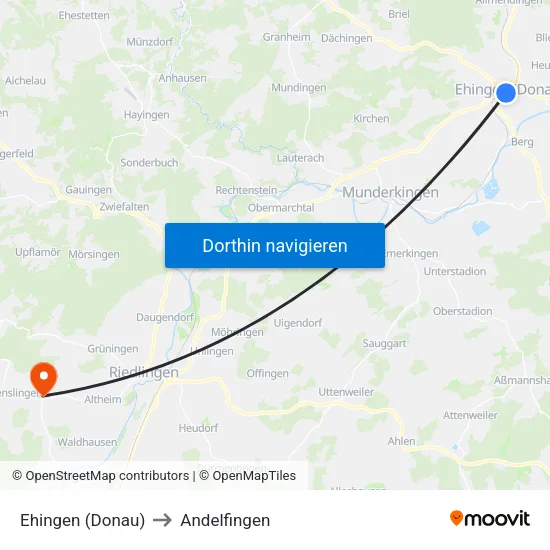 Ehingen (Donau) to Andelfingen map
