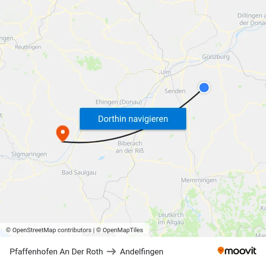 Pfaffenhofen An Der Roth to Andelfingen map