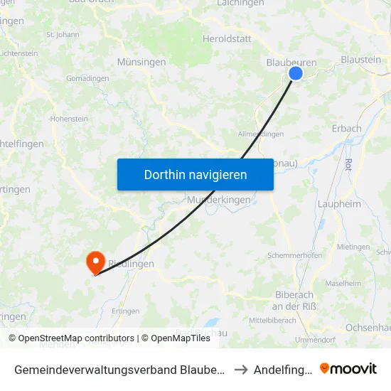 Gemeindeverwaltungsverband Blaubeuren to Andelfingen map