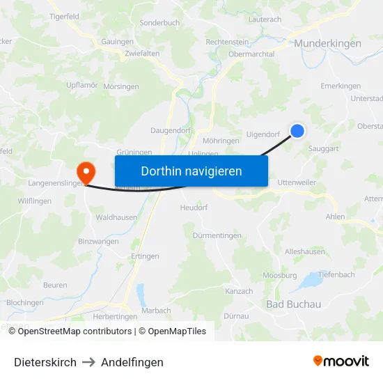 Dieterskirch to Andelfingen map