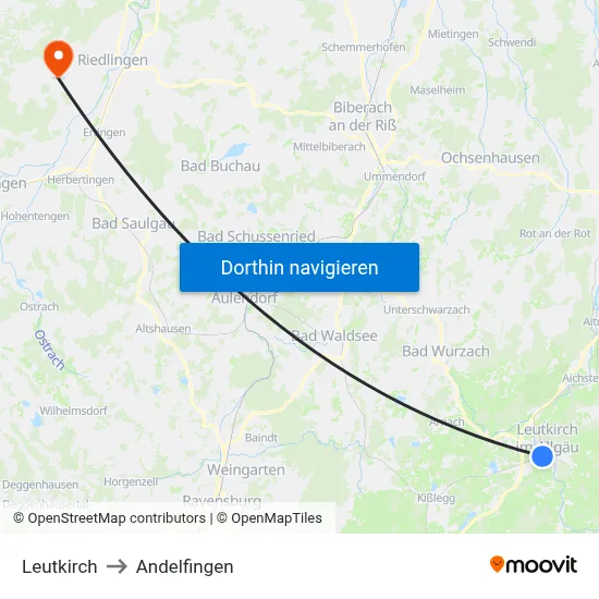 Leutkirch to Andelfingen map