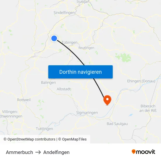 Ammerbuch to Andelfingen map