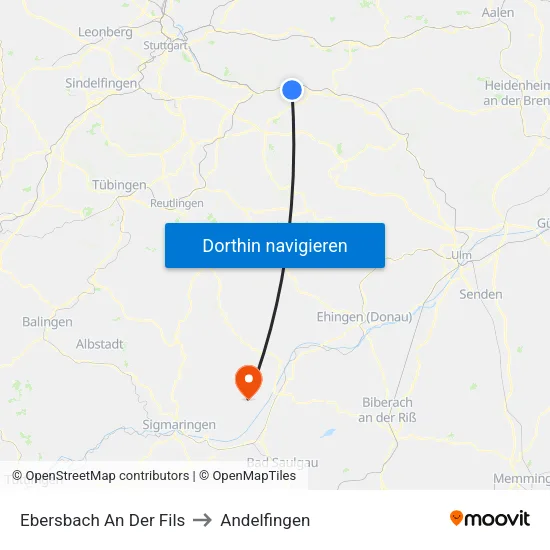 Ebersbach An Der Fils to Andelfingen map