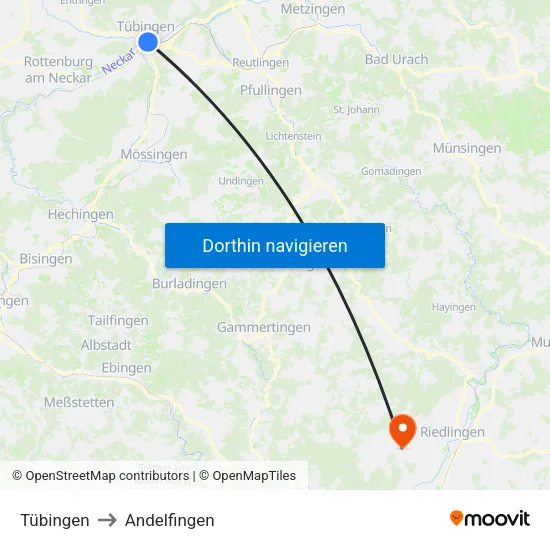Tübingen to Andelfingen map