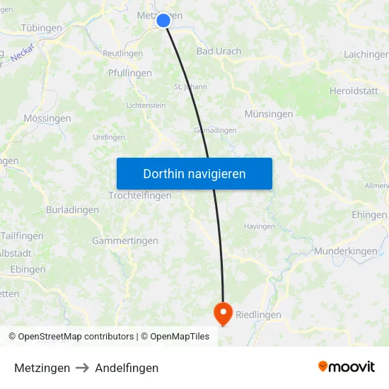 Metzingen to Andelfingen map