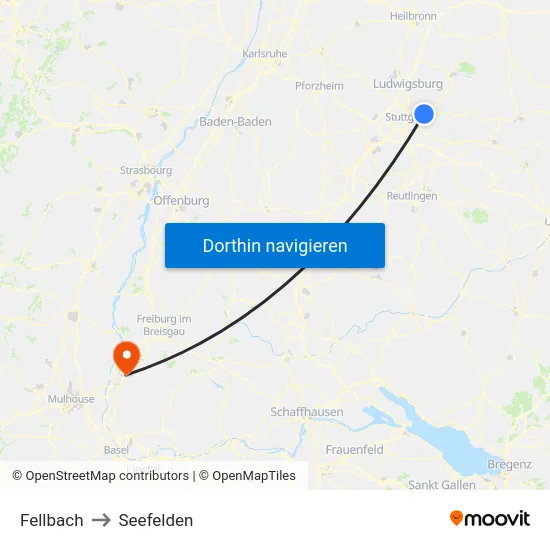 Fellbach to Seefelden map