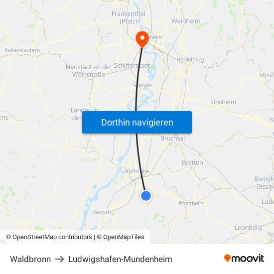 Waldbronn to Ludwigshafen-Mundenheim map