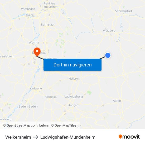 Weikersheim to Ludwigshafen-Mundenheim map