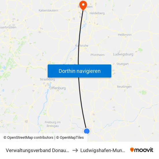 Verwaltungsverband Donaueschingen to Ludwigshafen-Mundenheim map