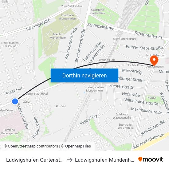 Ludwigshafen-Gartenstadt to Ludwigshafen-Mundenheim map