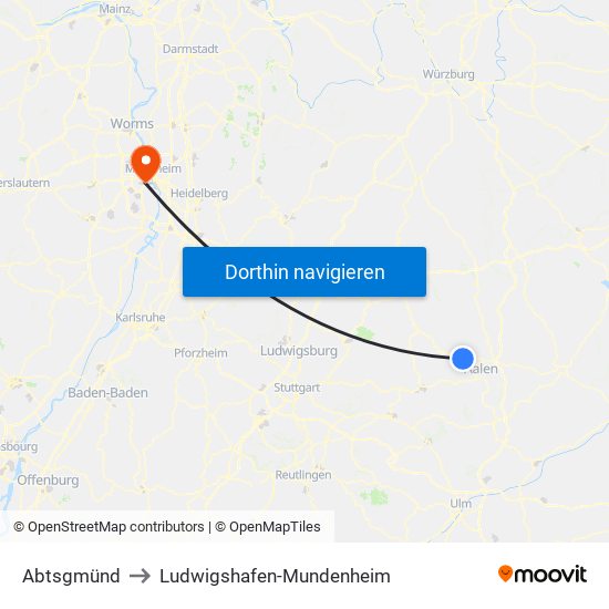 Abtsgmünd to Ludwigshafen-Mundenheim map