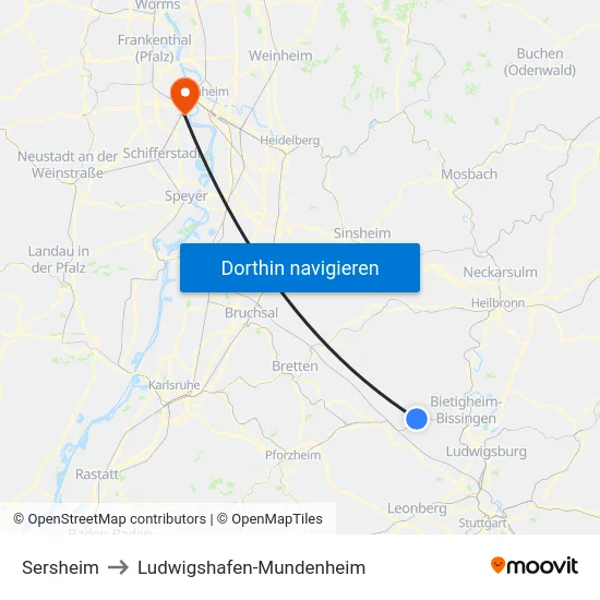 Sersheim to Ludwigshafen-Mundenheim map
