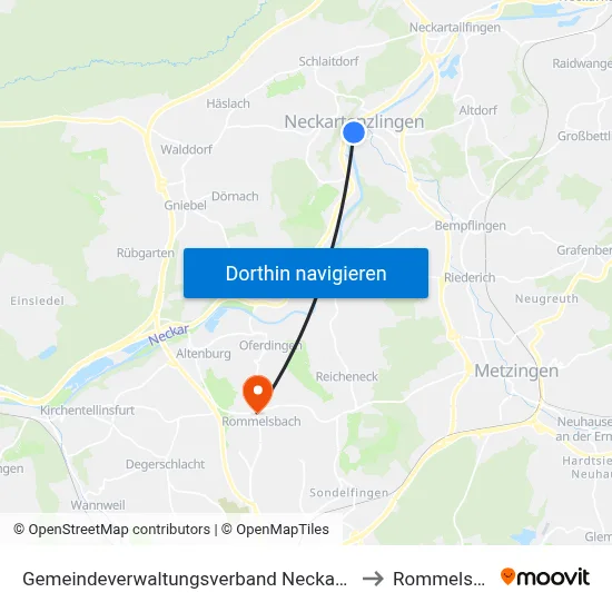 Gemeindeverwaltungsverband Neckartenzlingen to Rommelsbach map
