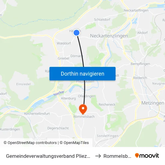 Gemeindeverwaltungsverband Pliezhausen to Rommelsbach map