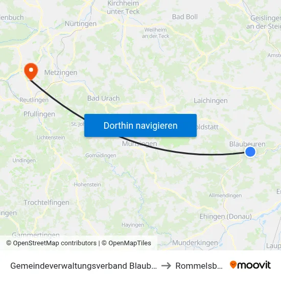 Gemeindeverwaltungsverband Blaubeuren to Rommelsbach map