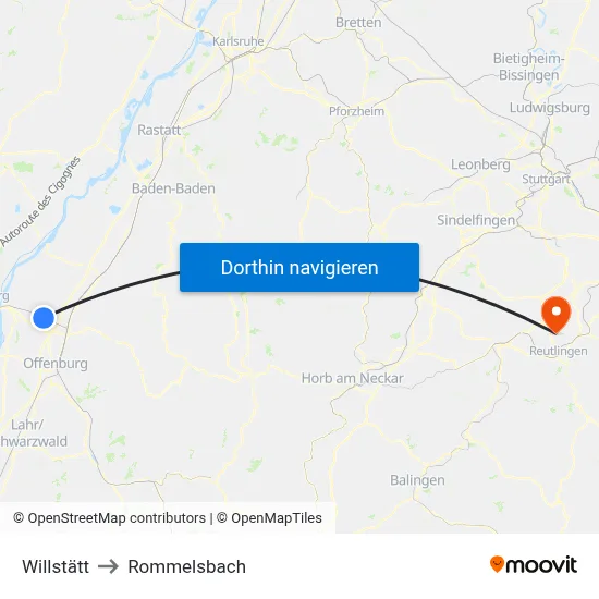 Willstätt to Rommelsbach map