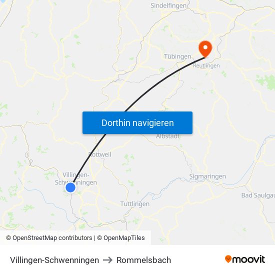 Villingen-Schwenningen to Rommelsbach map