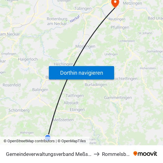 Gemeindeverwaltungsverband Meßstetten to Rommelsbach map