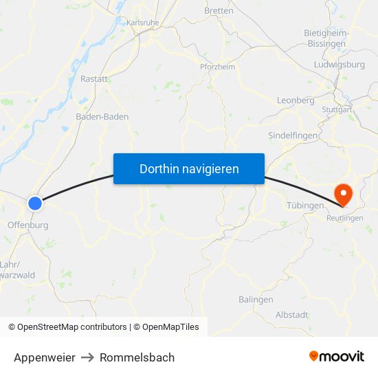 Appenweier to Rommelsbach map