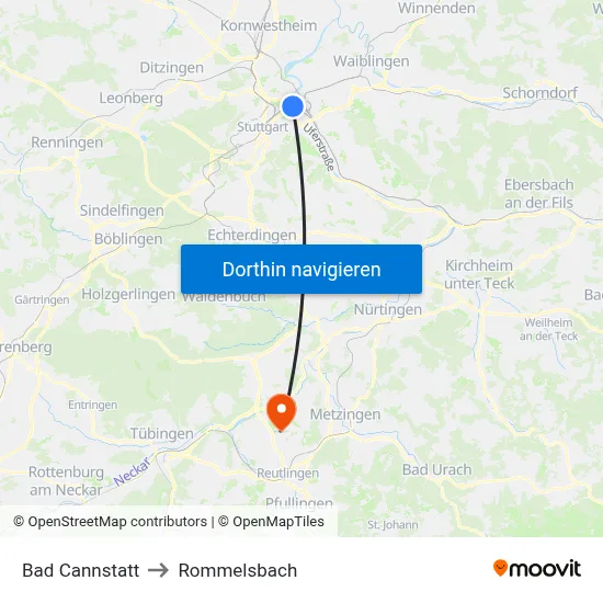 Bad Cannstatt to Rommelsbach map
