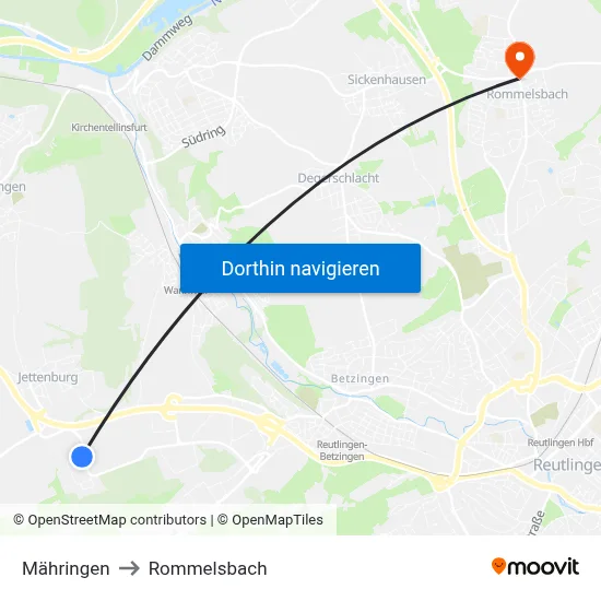 Mähringen to Rommelsbach map