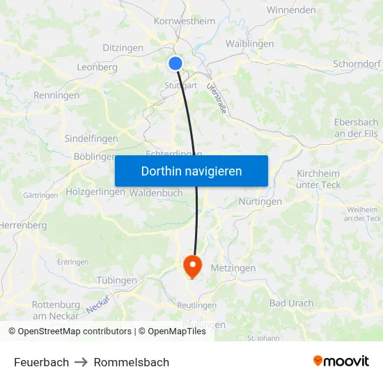 Feuerbach to Rommelsbach map