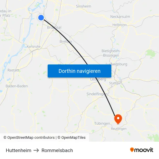 Huttenheim to Rommelsbach map