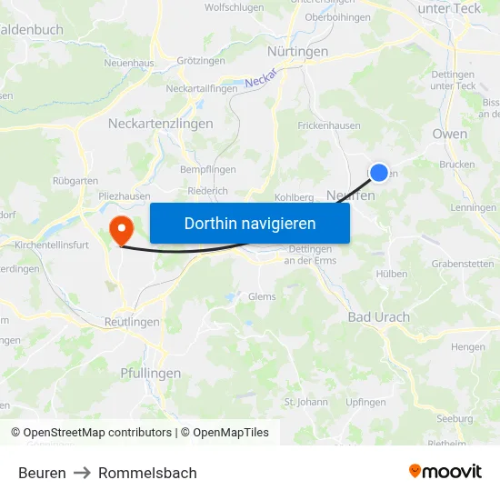 Beuren to Rommelsbach map