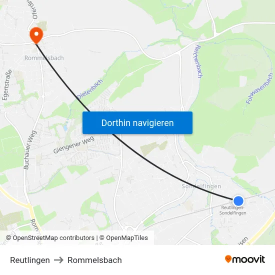 Reutlingen to Rommelsbach map
