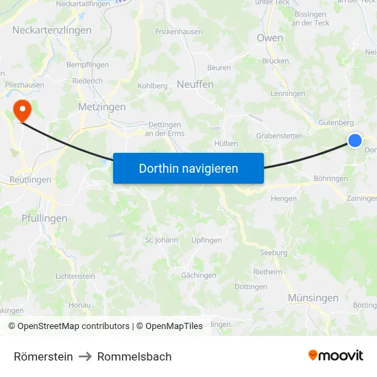 Römerstein to Rommelsbach map