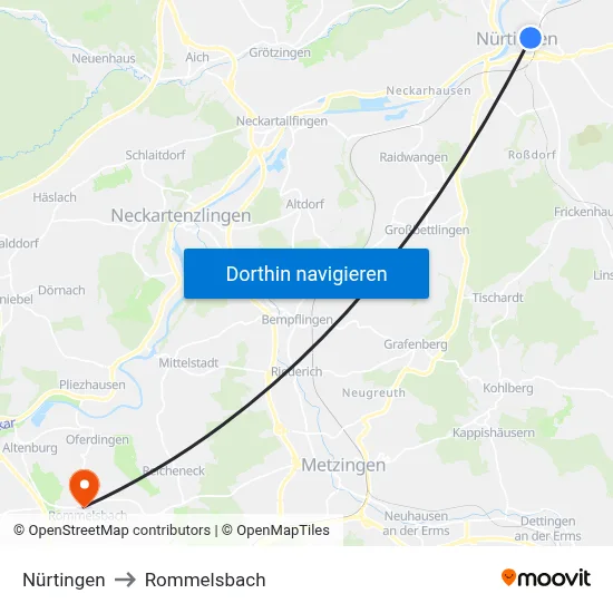 Nürtingen to Rommelsbach map