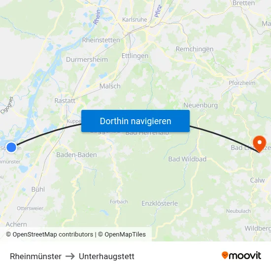 Rheinmünster to Unterhaugstett map