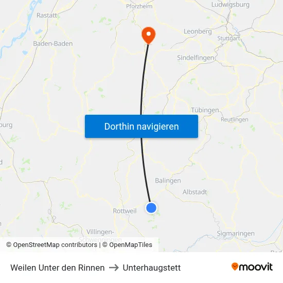 Weilen Unter den Rinnen to Unterhaugstett map