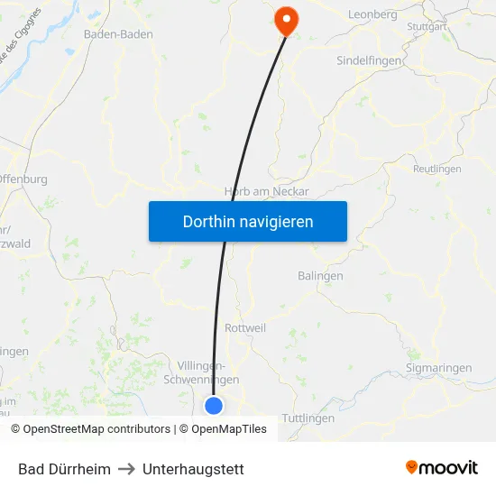 Bad Dürrheim to Unterhaugstett map