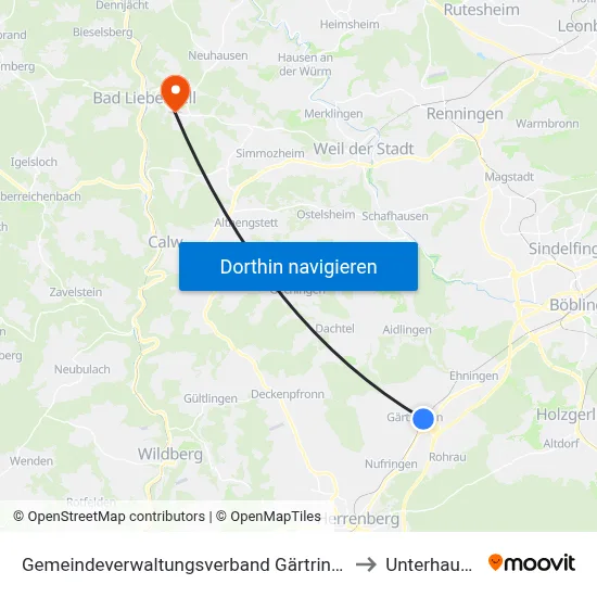 Gemeindeverwaltungsverband Gärtringen/Ehningen to Unterhaugstett map