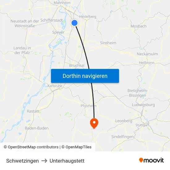 Schwetzingen to Unterhaugstett map
