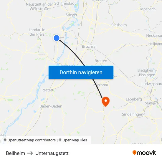 Bellheim to Unterhaugstett map
