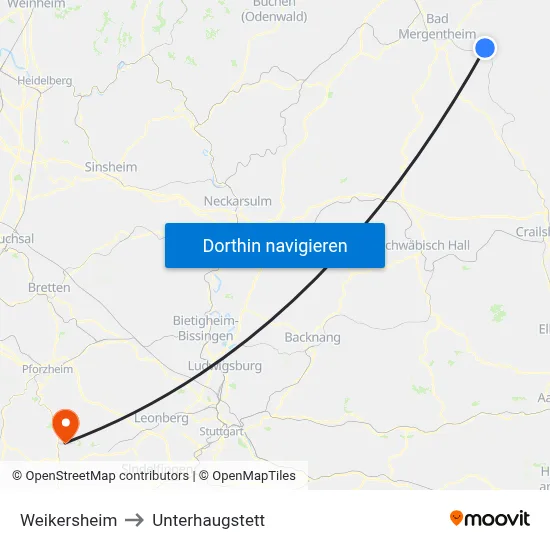 Weikersheim to Unterhaugstett map