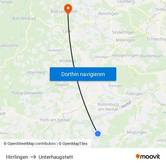 Hirrlingen to Unterhaugstett map
