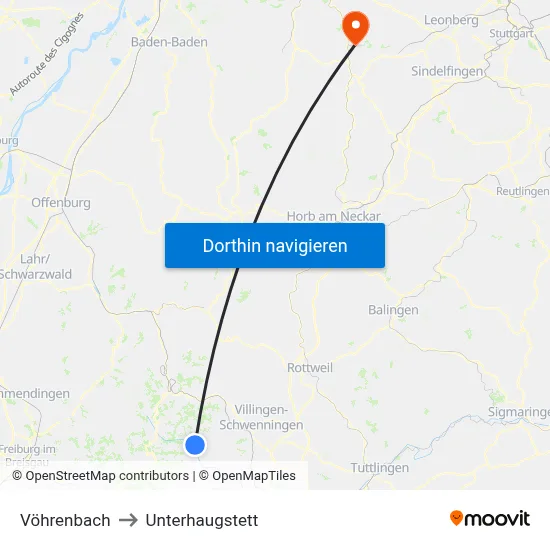 Vöhrenbach to Unterhaugstett map