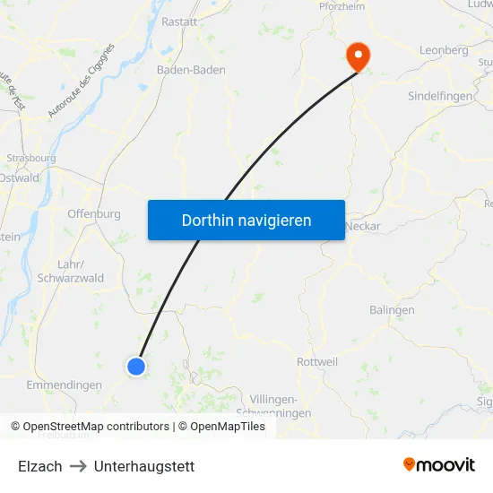 Elzach to Unterhaugstett map
