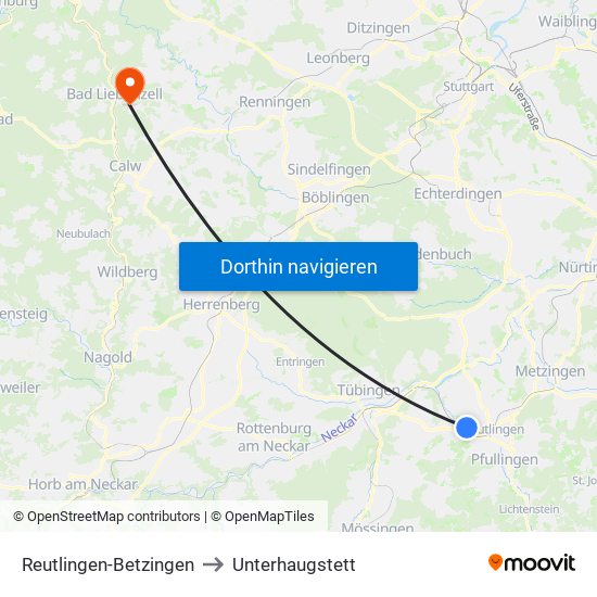 Reutlingen-Betzingen to Unterhaugstett map