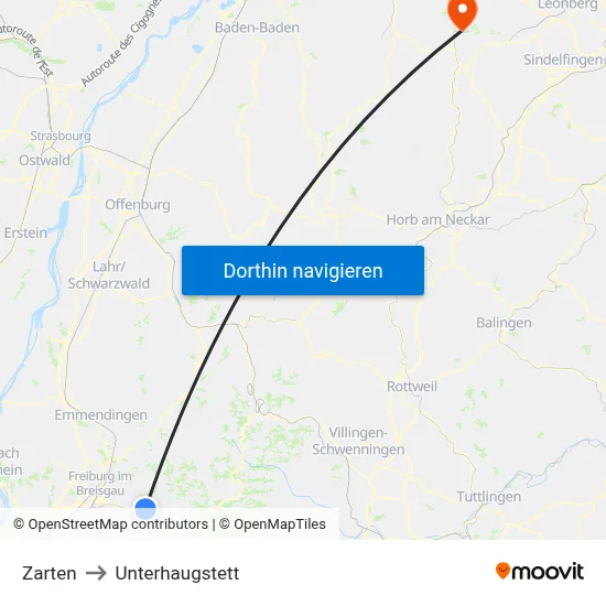 Zarten to Unterhaugstett map